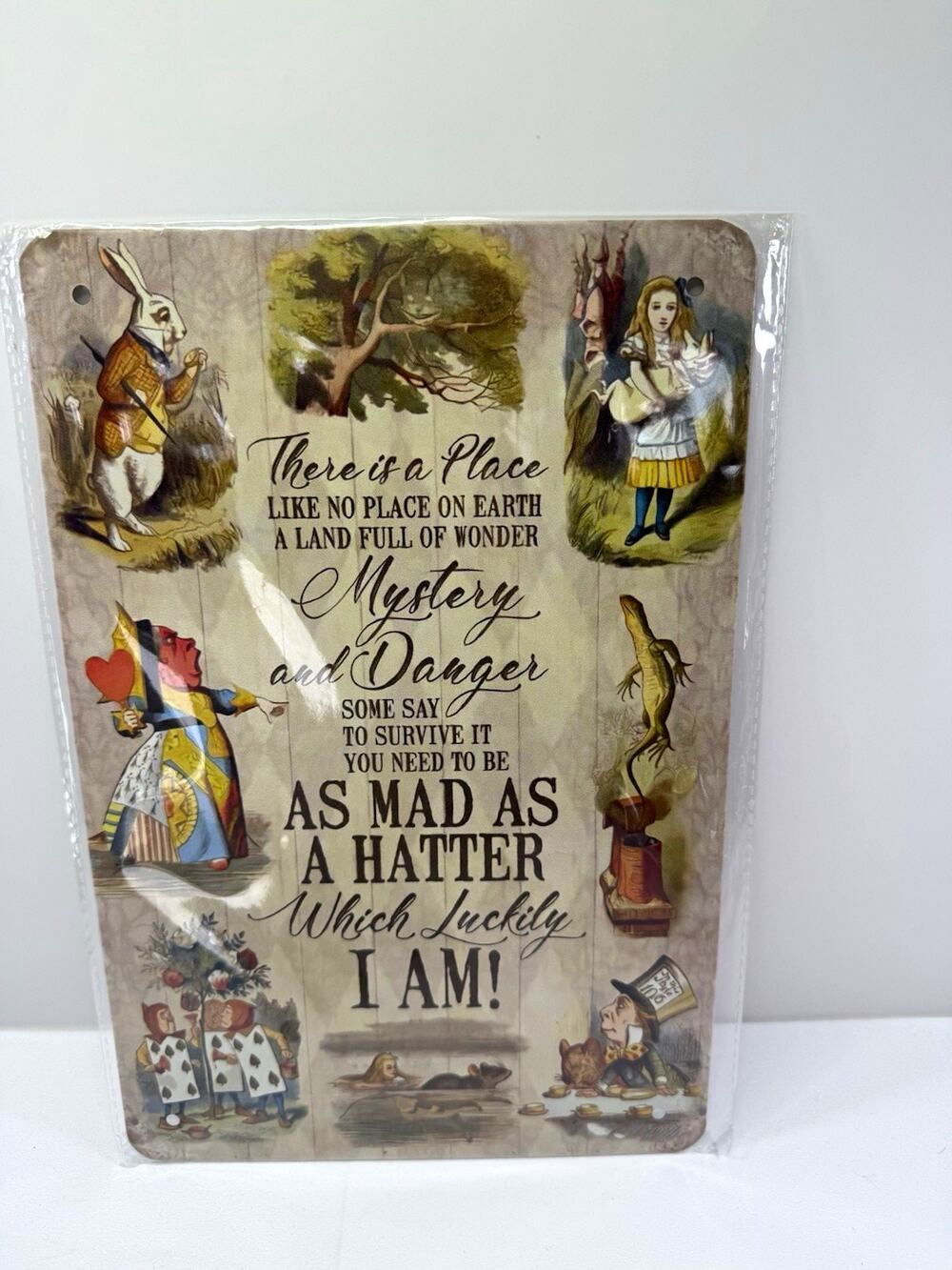 Alice in Wonderland Metal Wall Sign “As Mad As A Hatter” Large 12x8 Vintage